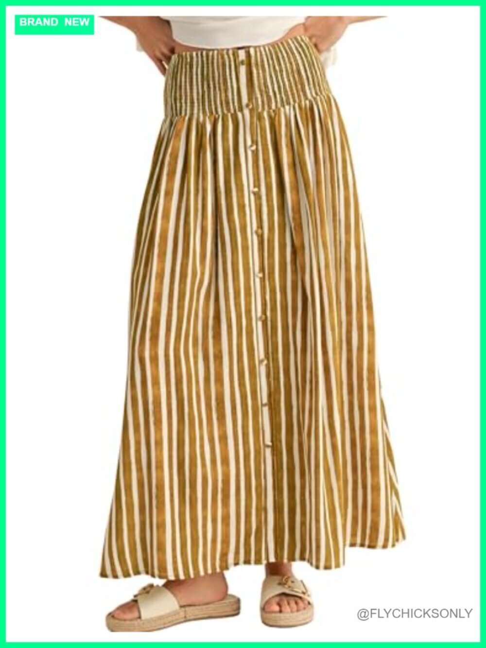 Striped Maxi Skirt with Pockets A-Line Boho Elastic Waist Front Buttons
